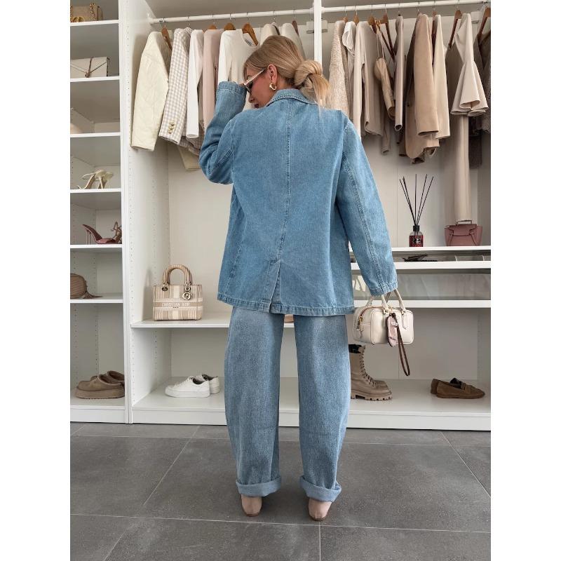 LM6181 Fashionable Casual Loose Washed Blue Denim Women's Blazer