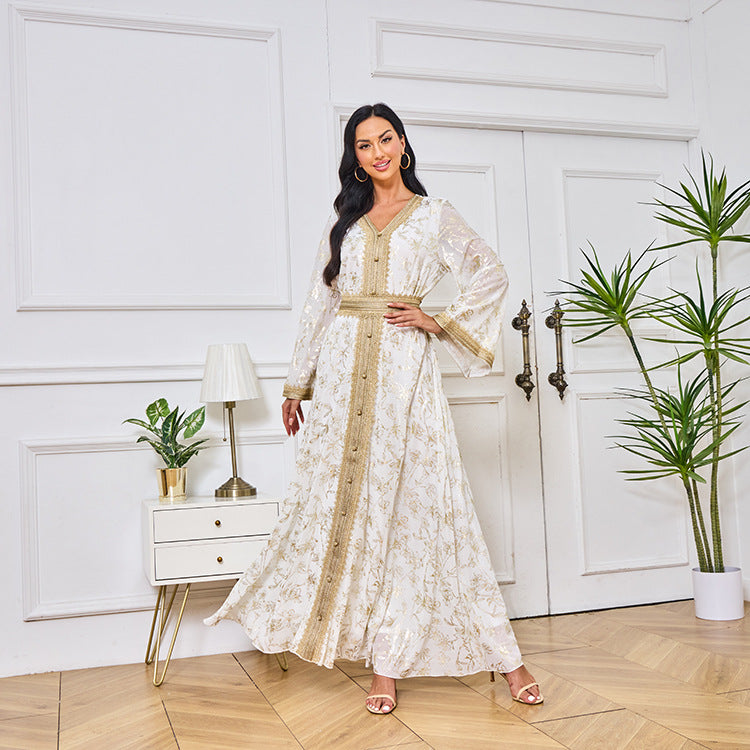 LM1249 Elegant Floral Abaya with Golden Detailing