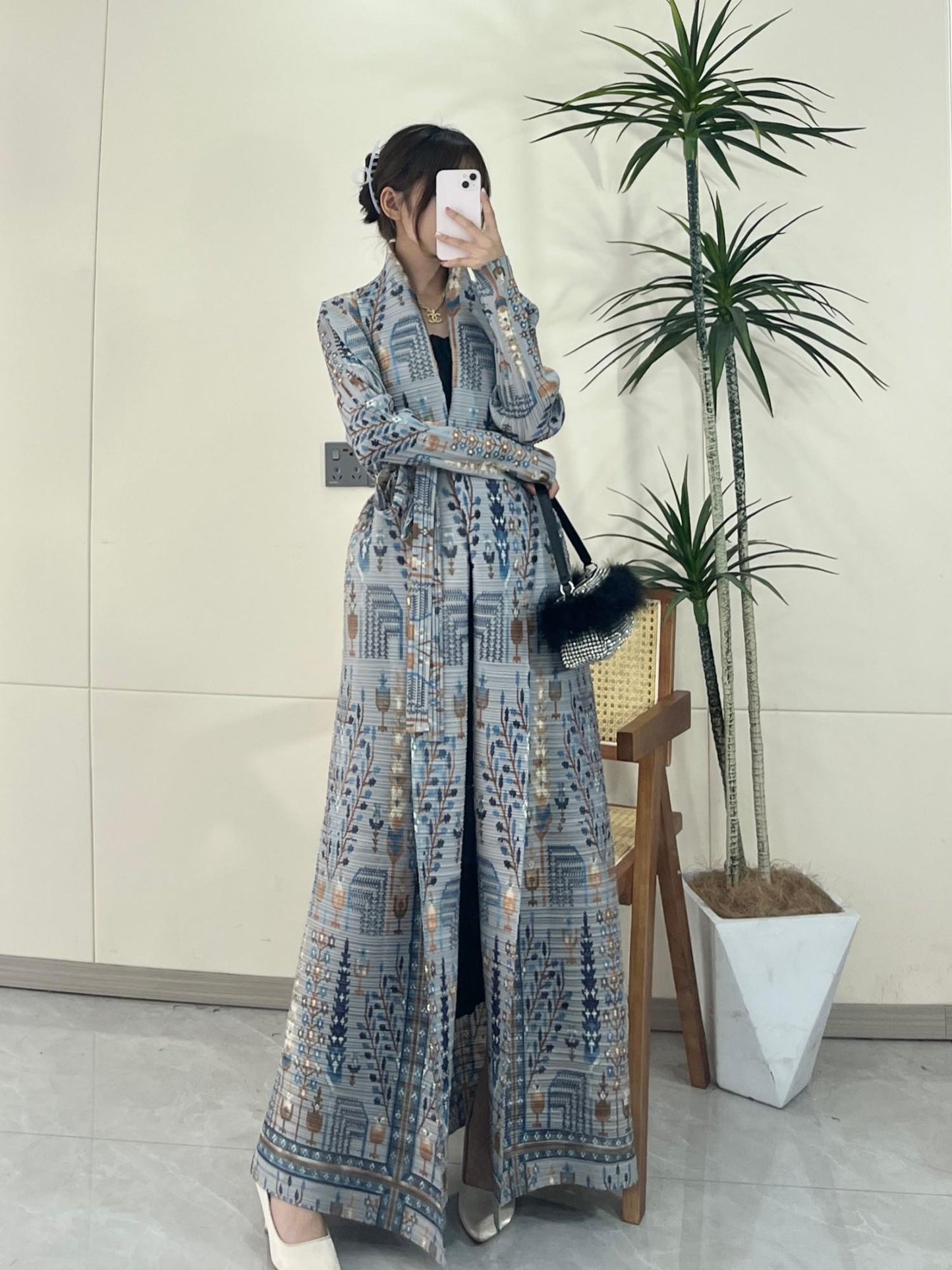 LUMAYA5842 Vintage-style Textured Open-front Long Coat