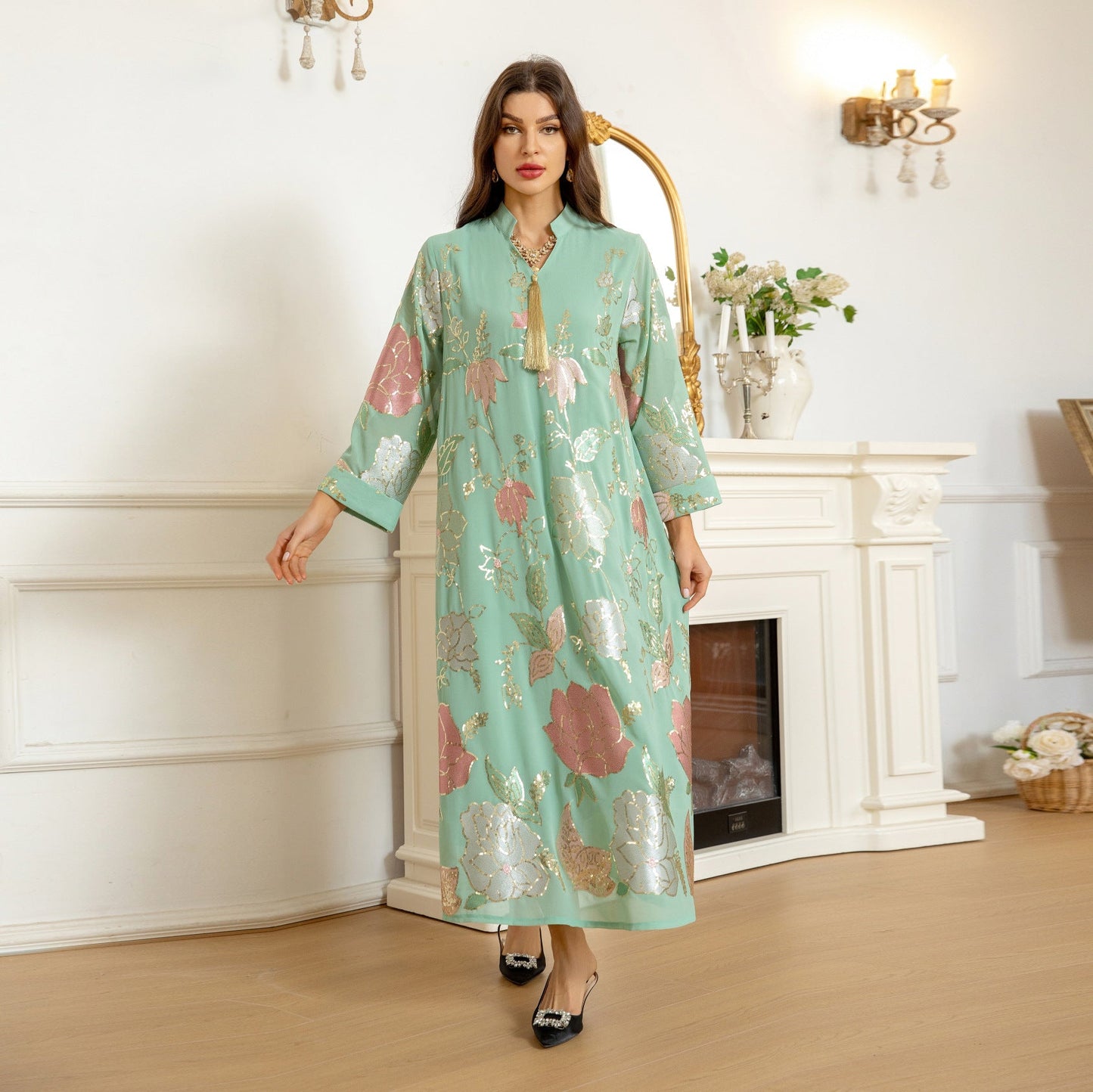 LM6649 Sequined Embroidered Tassel Long Robe, Elegant and Sophisticated Dress