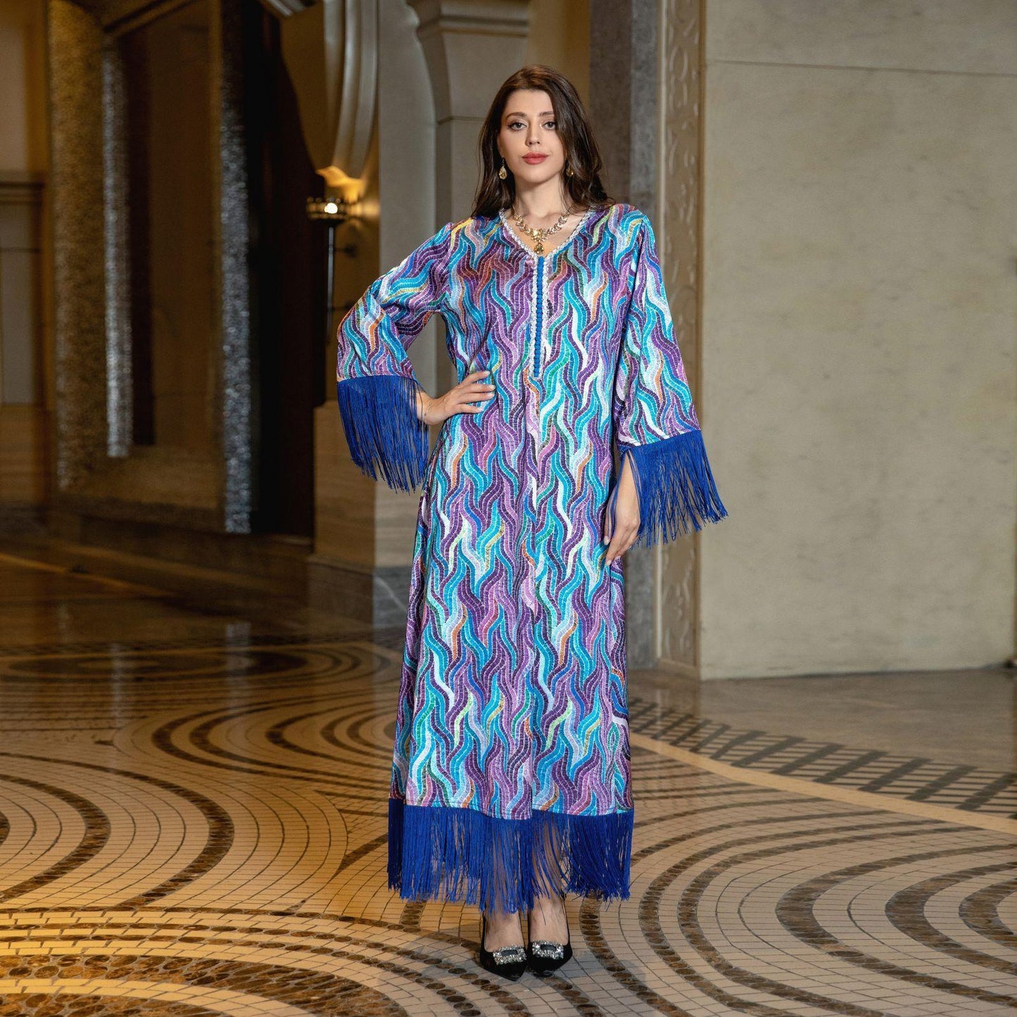 LUMAYA LUMAYA0521 Middle East Arab Dubai Muslim Robe Ladies Printed Casual Jalabiya Ethnic Clothing