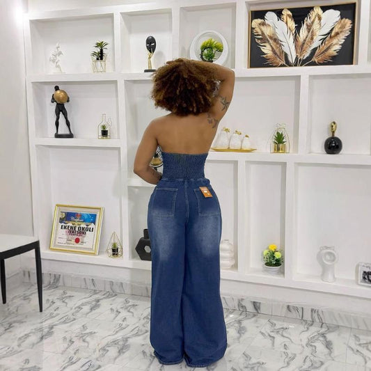 HA6354 Lapel Collar Single-breasted Backless Denim Jumpsuit