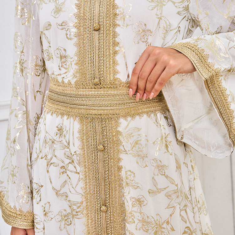 LM1249 Elegant Floral Abaya with Golden Detailing