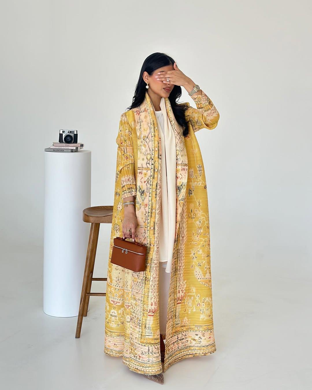 LUMAYA5843 Retro Warm Yellow Floral Textured Open-front Long Coat