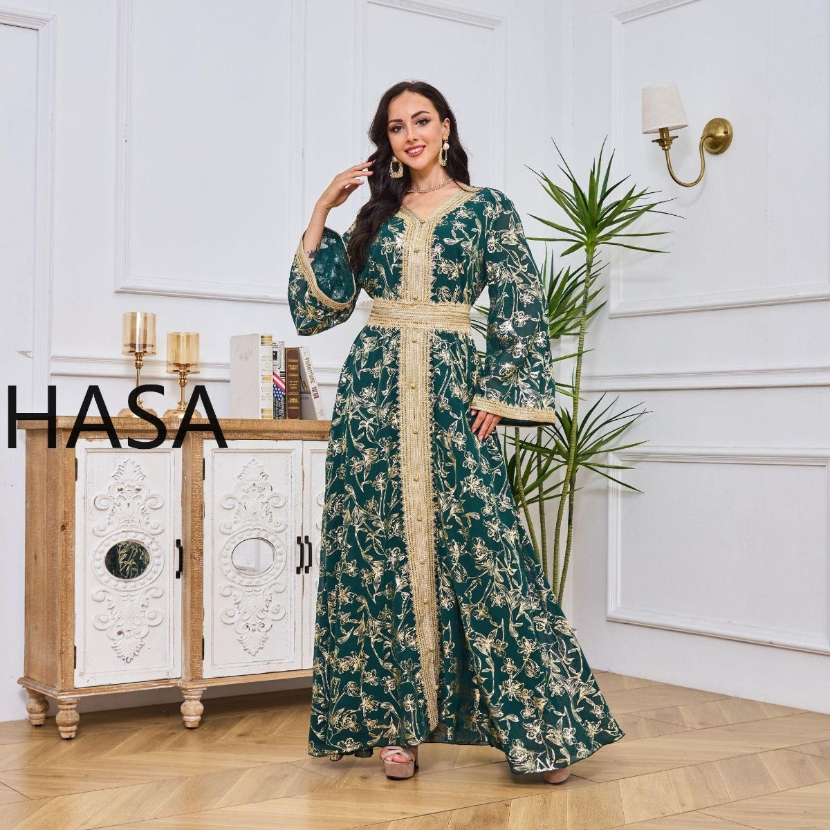 LM1249 Elegant Floral Abaya with Golden Detailing