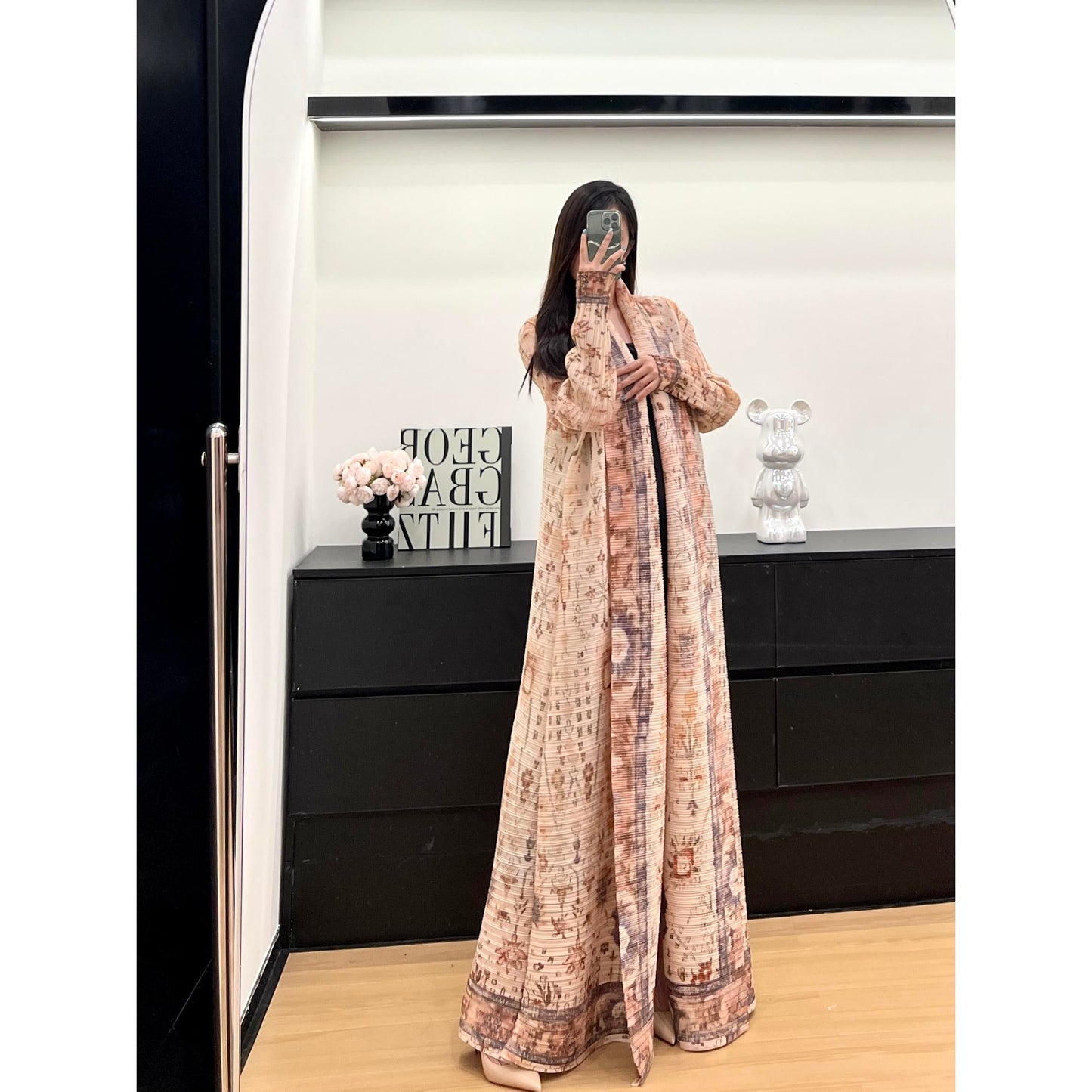 LUMAYA6728 Vintage Blush  Pink & Beige Printed Abaya with Artistic Motifs
