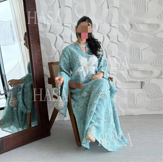 LM6639 Floral Appliqué Embroidered Long Dress