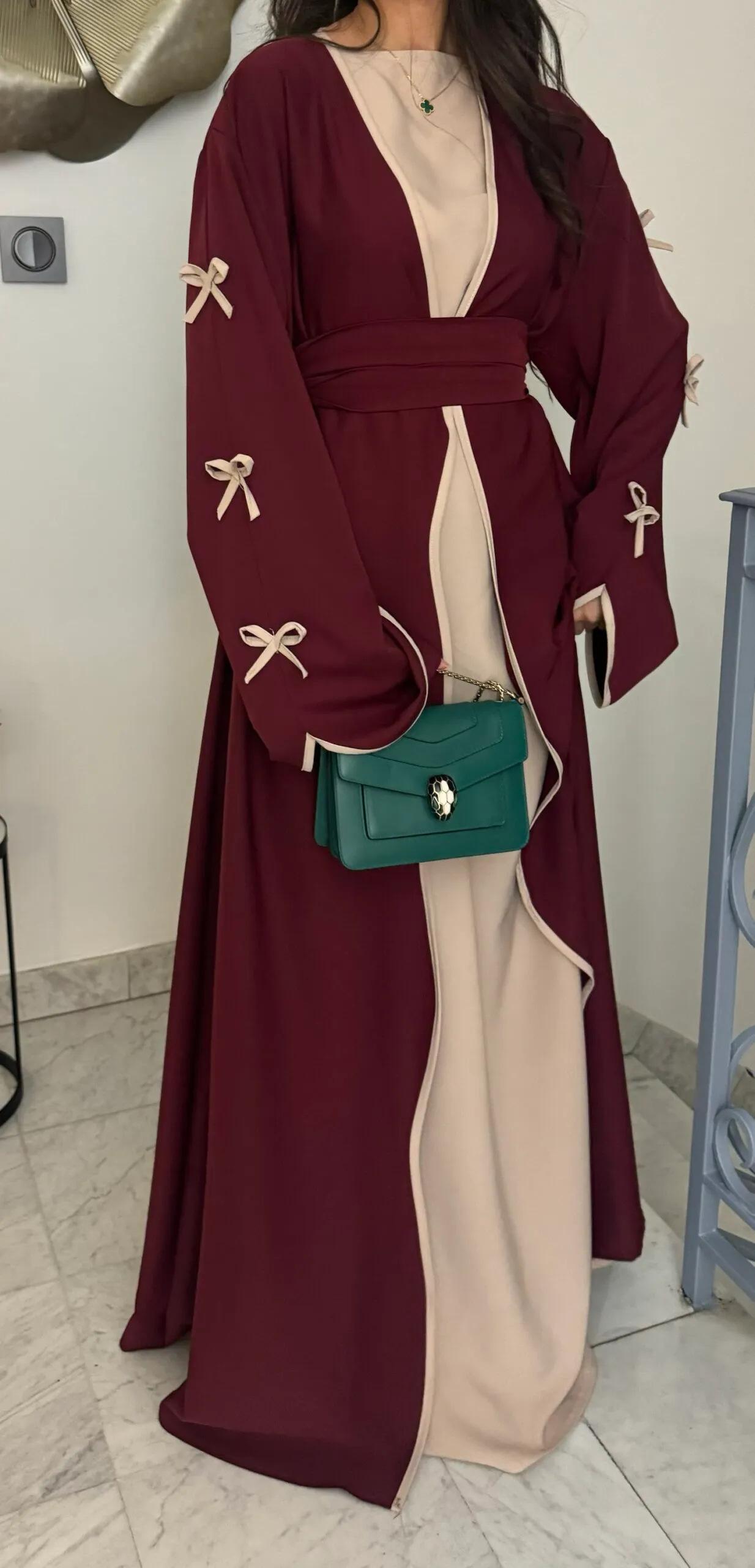 LUMAYA5883  A Two-piece Robe and Skirt Set with A Soft Bow and A Belt Design open abaya outfit