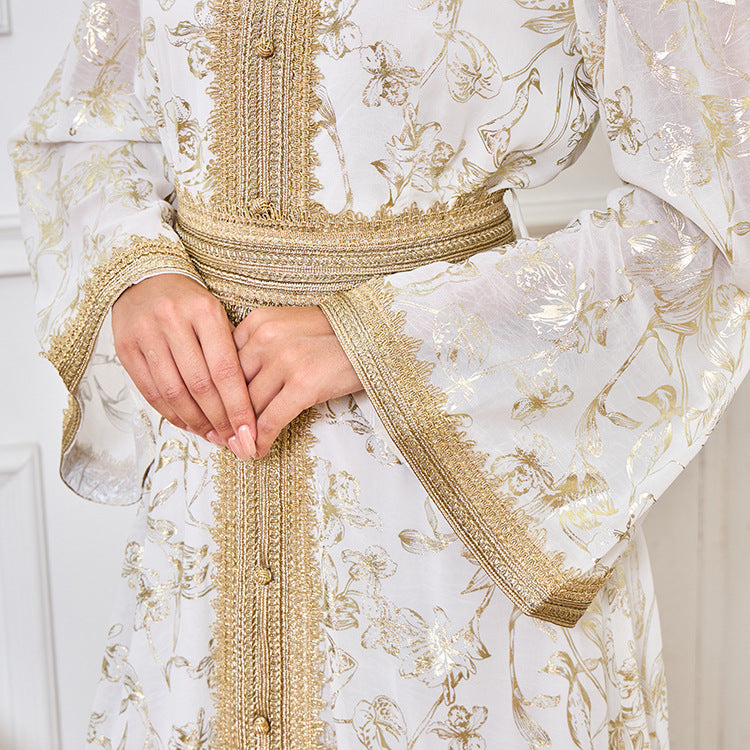 LM1249 Elegant Floral Abaya with Golden Detailing