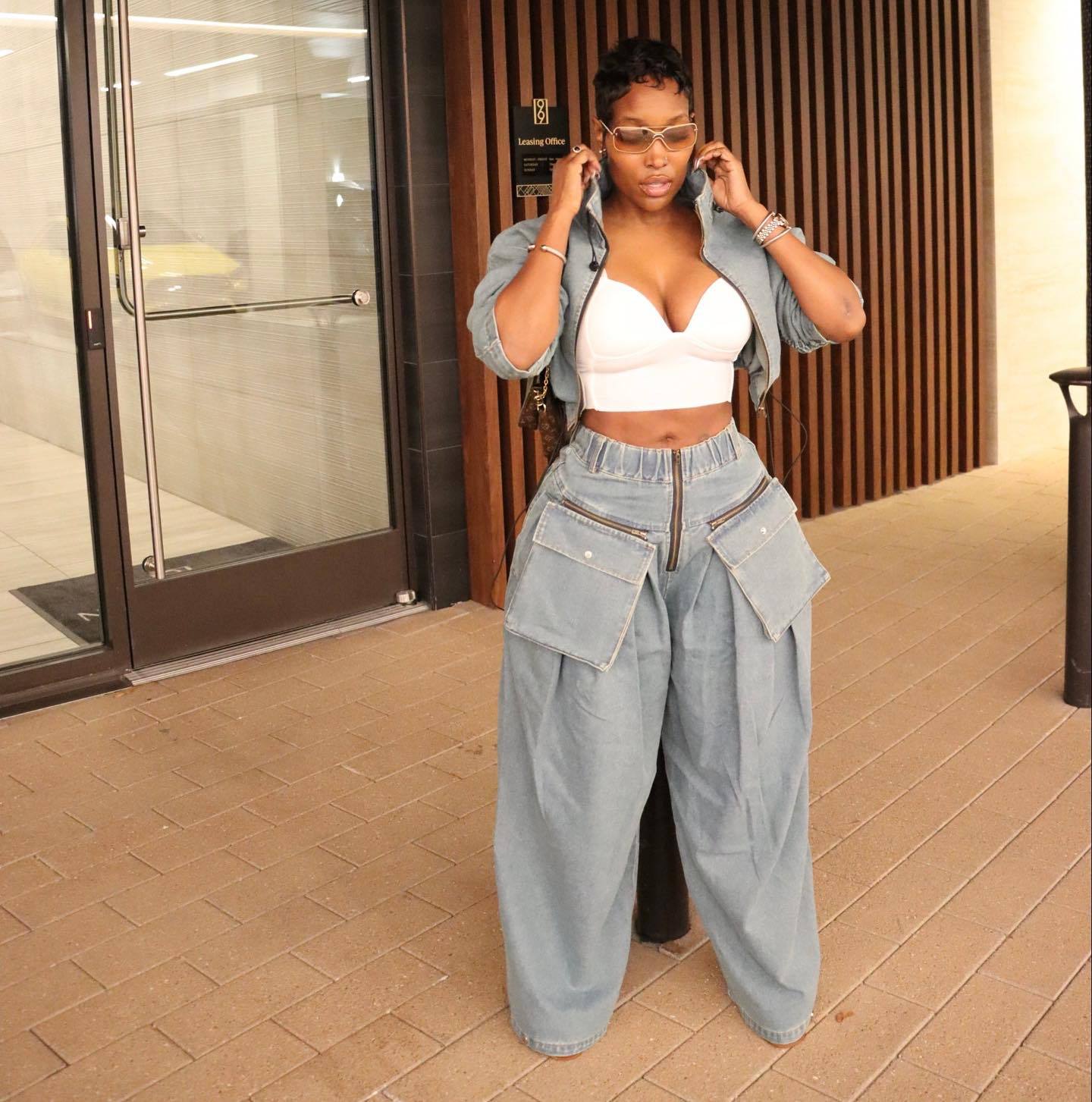 HS6306 Washed Denim Two Piece Set with Wide Leg Cargo Pants