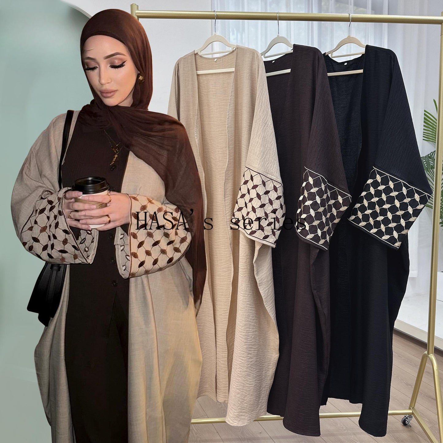 LUMAYA4840 Elegant long robe with geometric embroidery, a simple and traditional style dress.