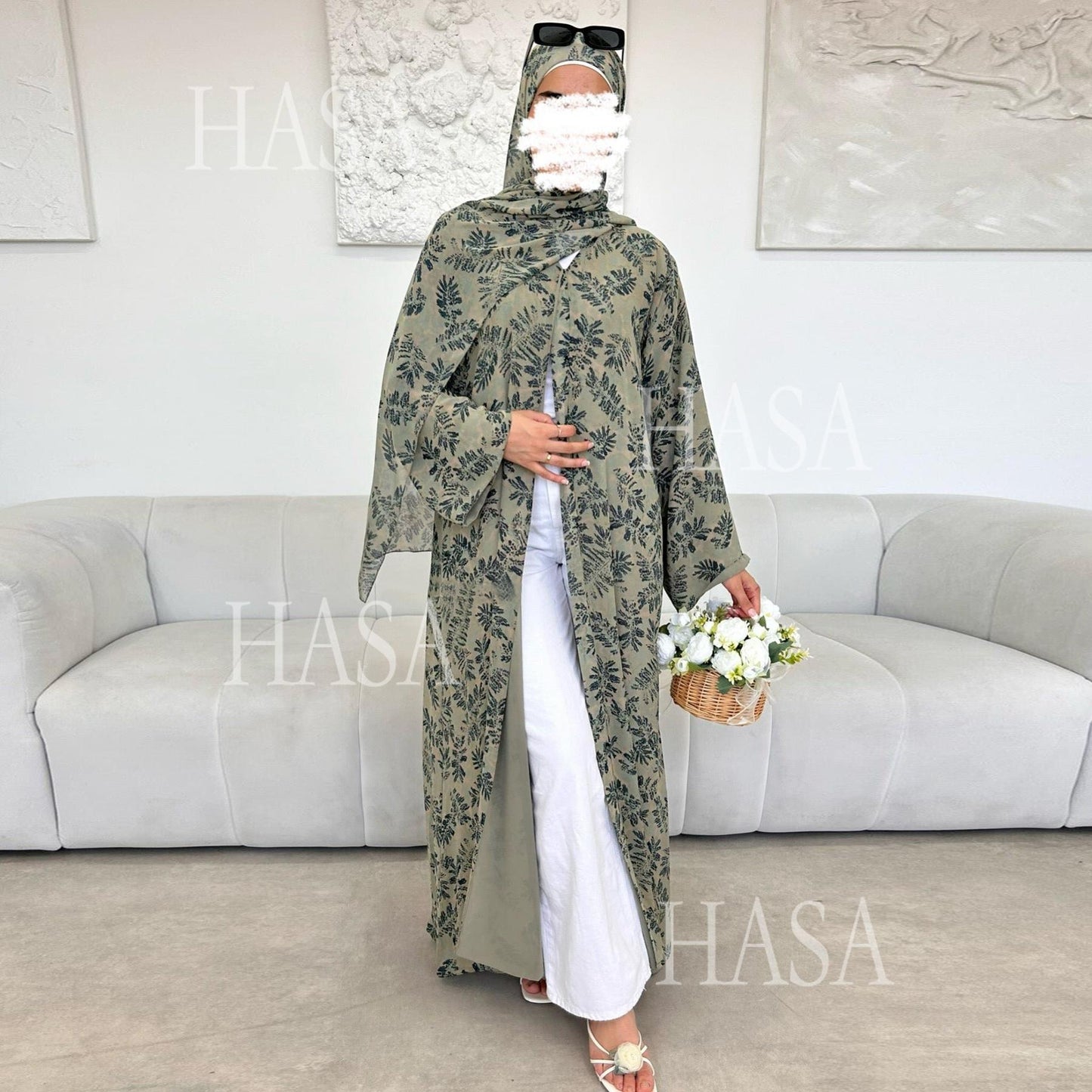LUMAYA6515 Summer Printed Chiffon Jacket and Headscarf Two-Piece Set