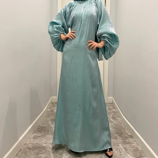 LUMAYA10043 LUMAYA  Large Lantern Sleeves Long Bright Silk Dress Stand Up Collar Back Tie Women's Dress Abaya