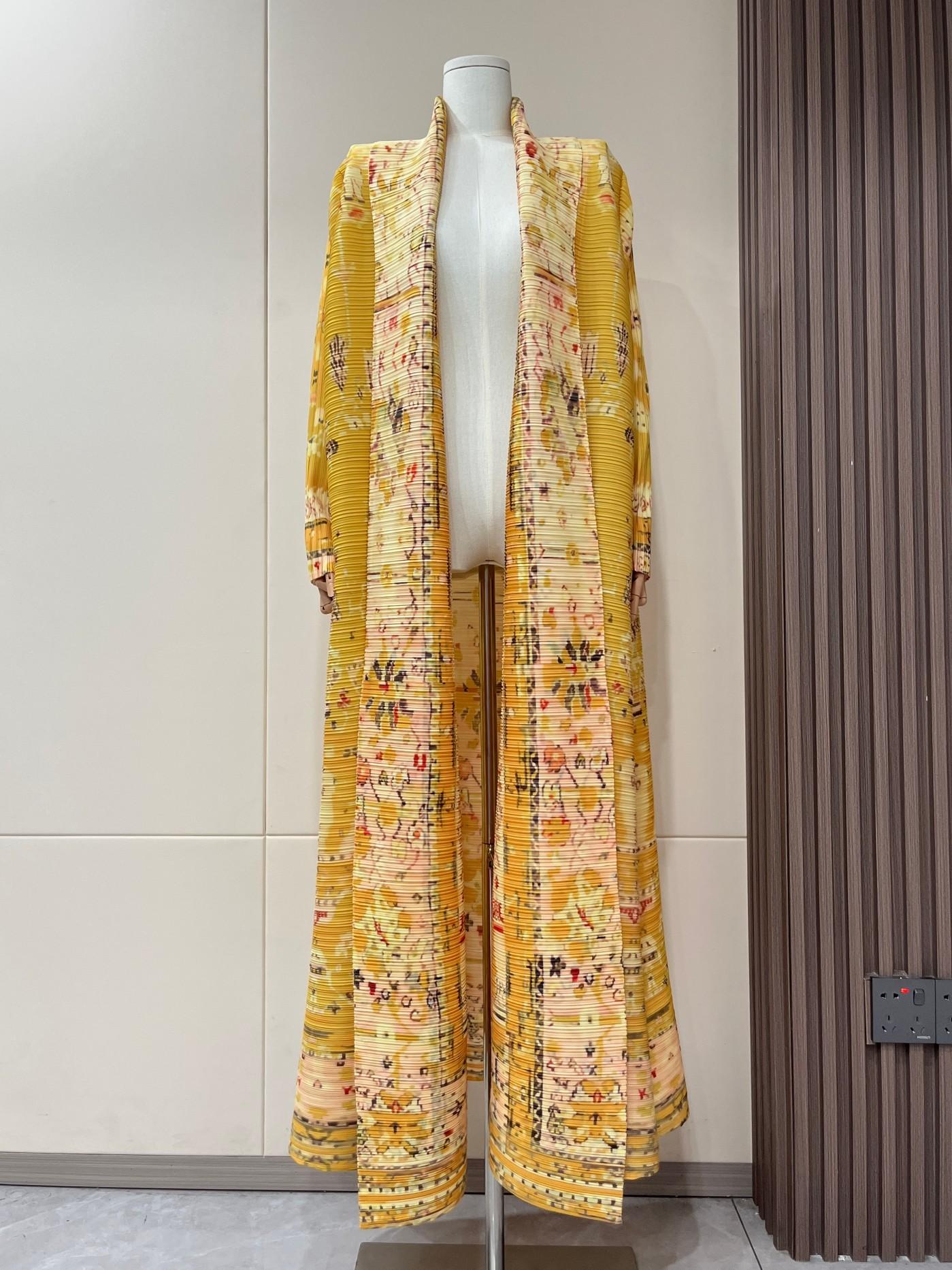 LUMAYA5843 Retro Warm Yellow Floral Textured Open-front Long Coat