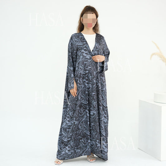 LM6555 Fashionable printed long-sleeved dress with an ankle-length cardigan style