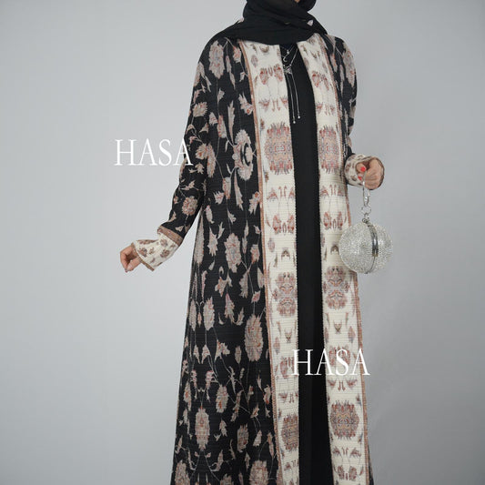 LUMAYA5846 Color-blocked Placket Printed Open-front Long Coat