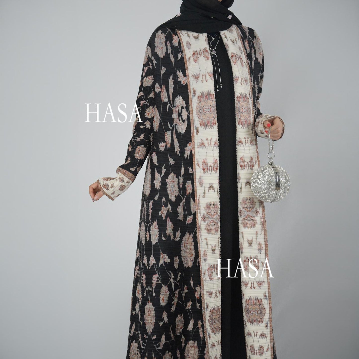 LUMAYA5846 Color-blocked Placket Printed Open-front Long Coat