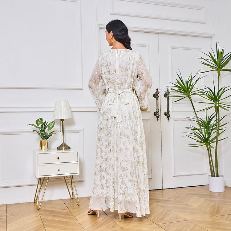 LM1249 Elegant Floral Abaya with Golden Detailing