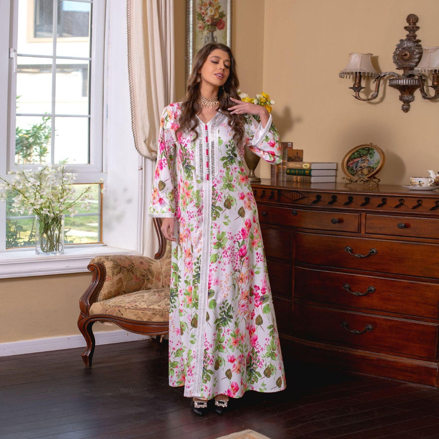 LUMAYA LUMAYA1075 Abaya Robe New Printed Rhinestone Dress