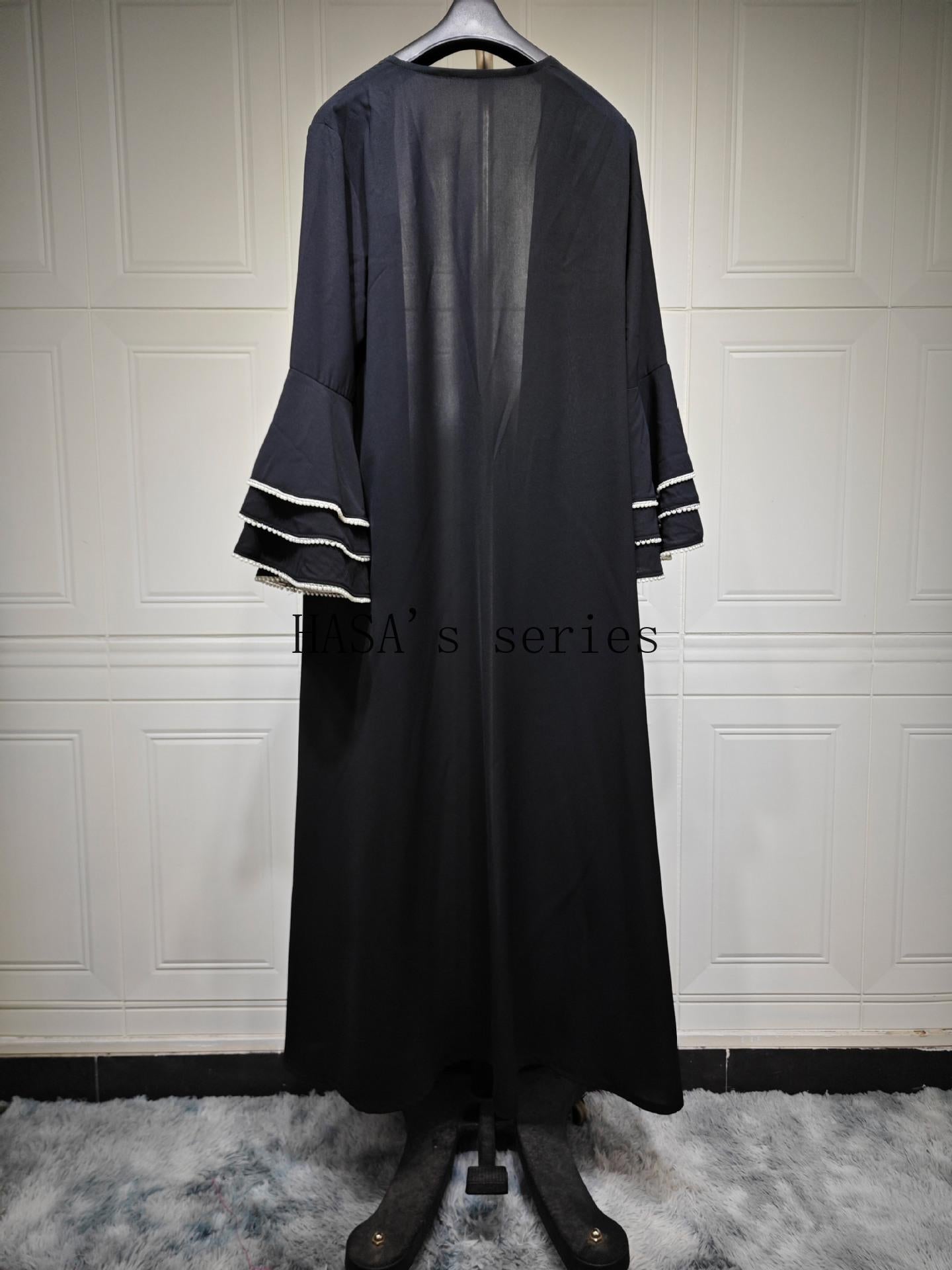 LUMAYA5093 Elegant black cardigan-style long robe with wide sleeves and a round-neck dress design featuring beaded embellishments.