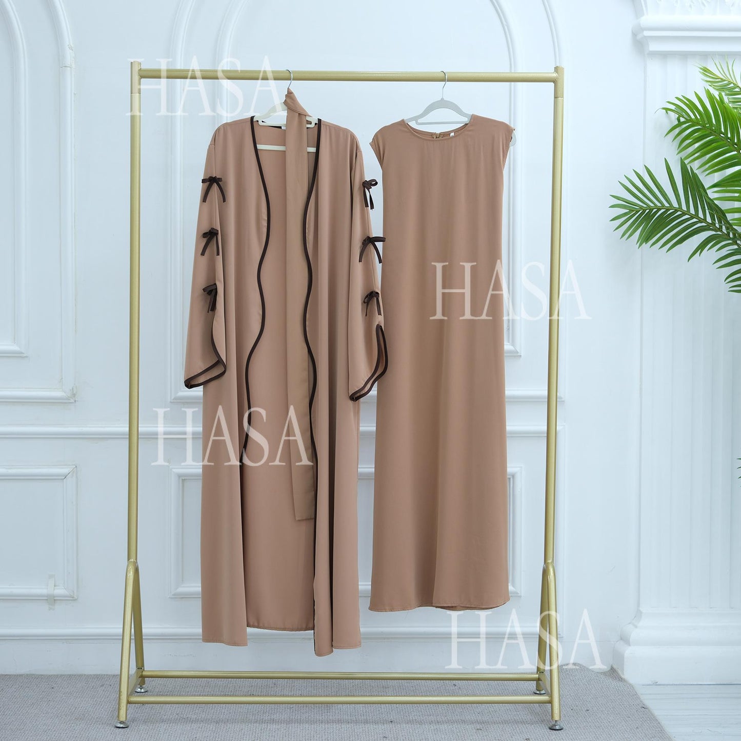 LUMAYA5883  A Two-piece Robe and Skirt Set with A Soft Bow and A Belt Design open abaya outfit