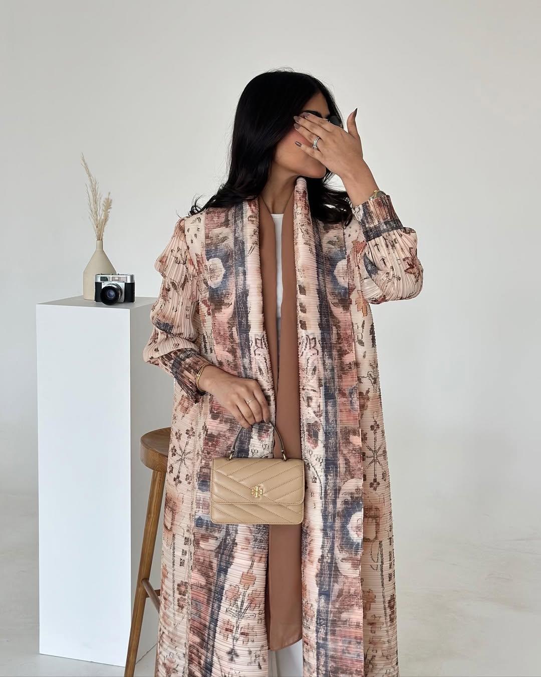LUMAYA6728 Vintage Blush  Pink & Beige Printed Abaya with Artistic Motifs