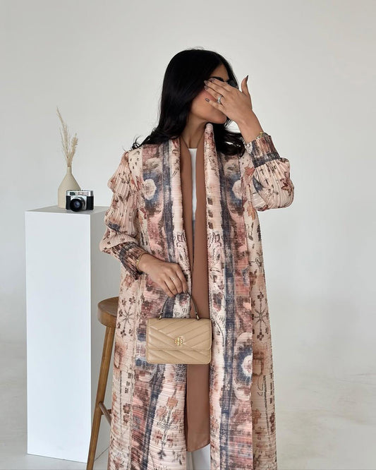 HS6728 Vintage Blush  Pink & Beige Printed Abaya with Artistic Motifs
