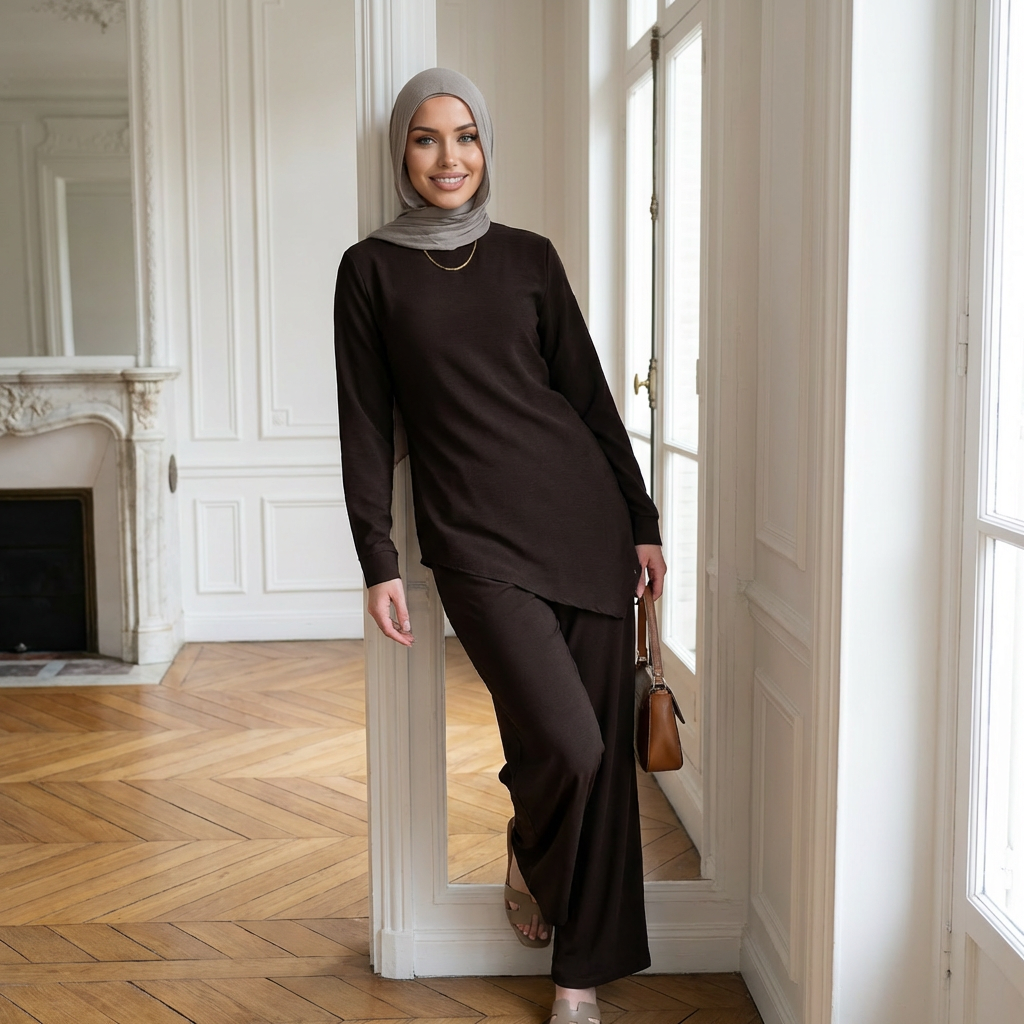 HA6614 Modest Nida Two-Piece Set with Waist Tie & Pocket Trousers