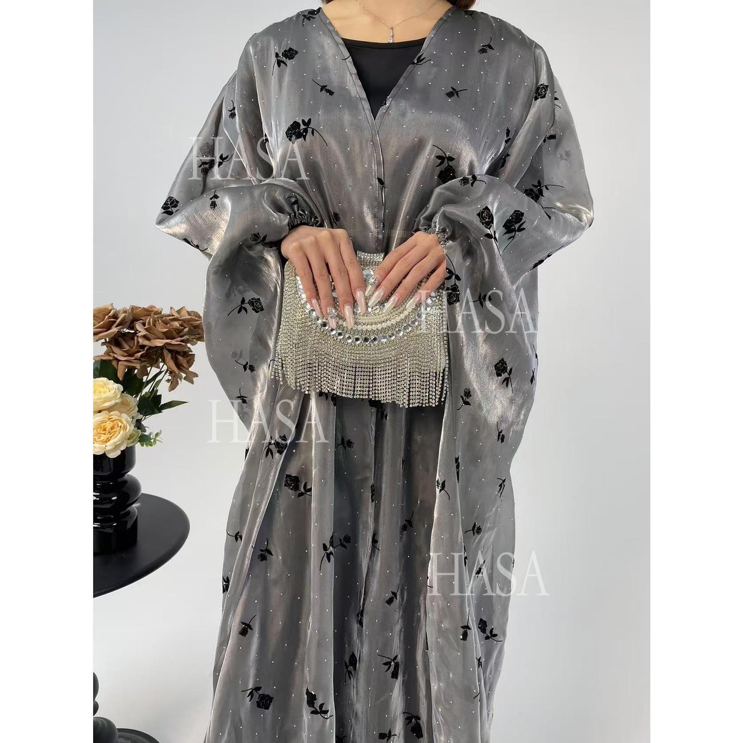 LUMAYA6536 Elegant Rose Pattern Abaya Outer Dress Set