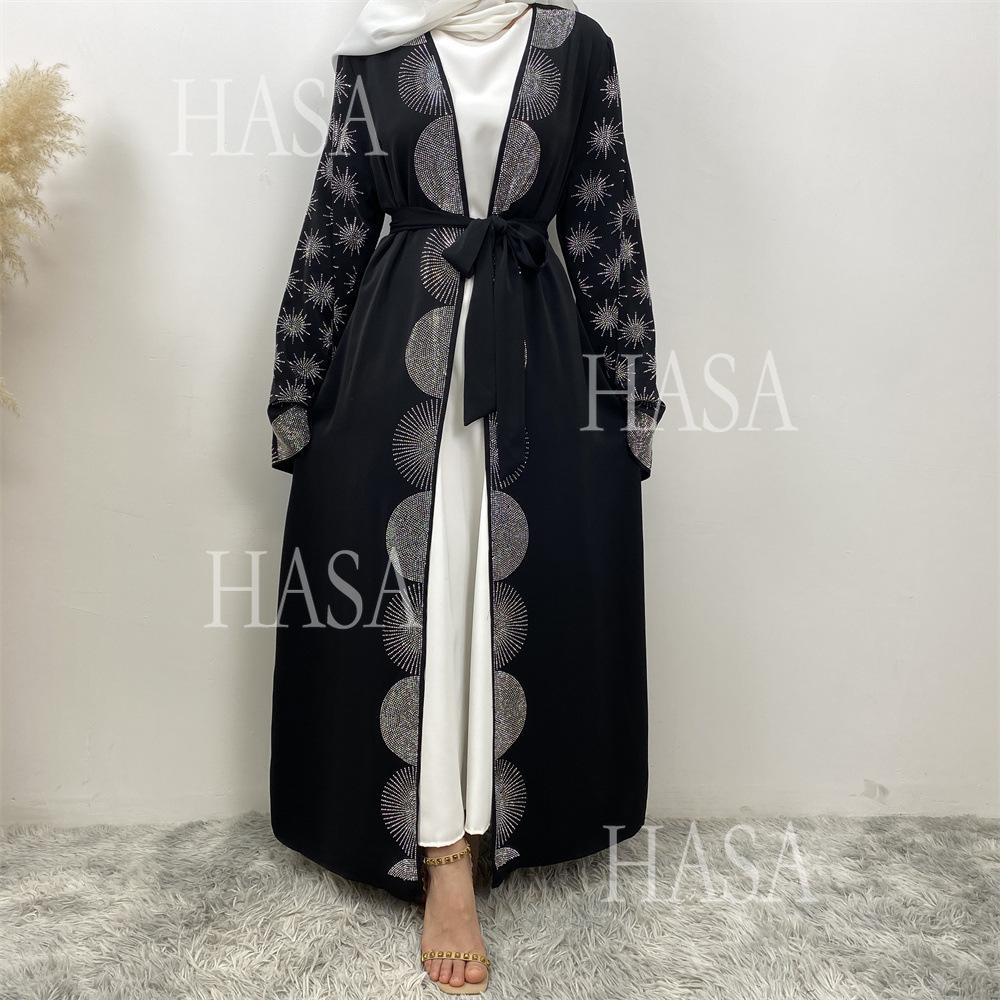 LM6588 Black Cardigan Dress with Rhinestone Embellishment and Pockets