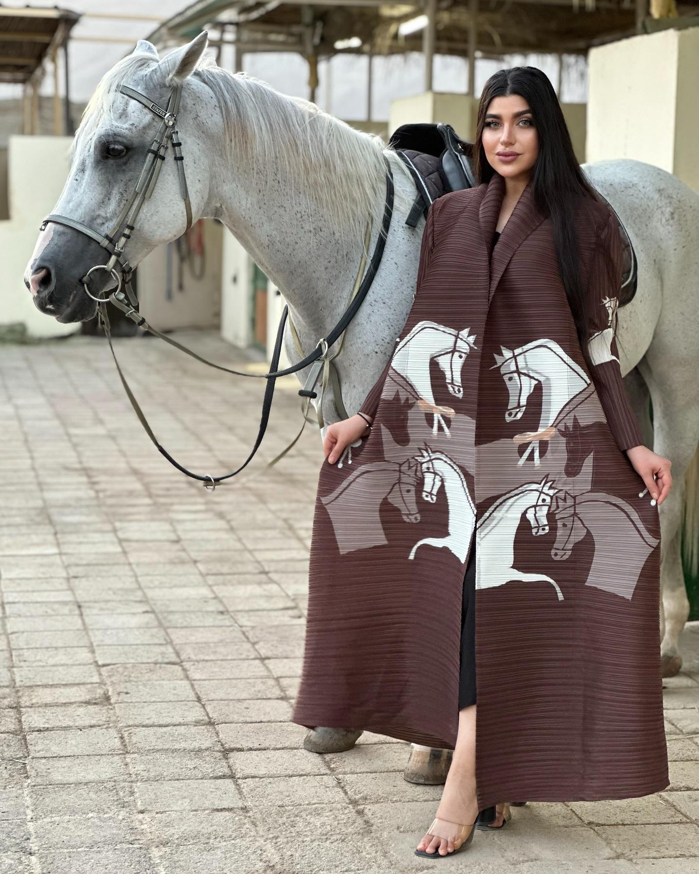 LUMAYA6718 Questrian Elegance | Brown Abaya with Horse Motifs