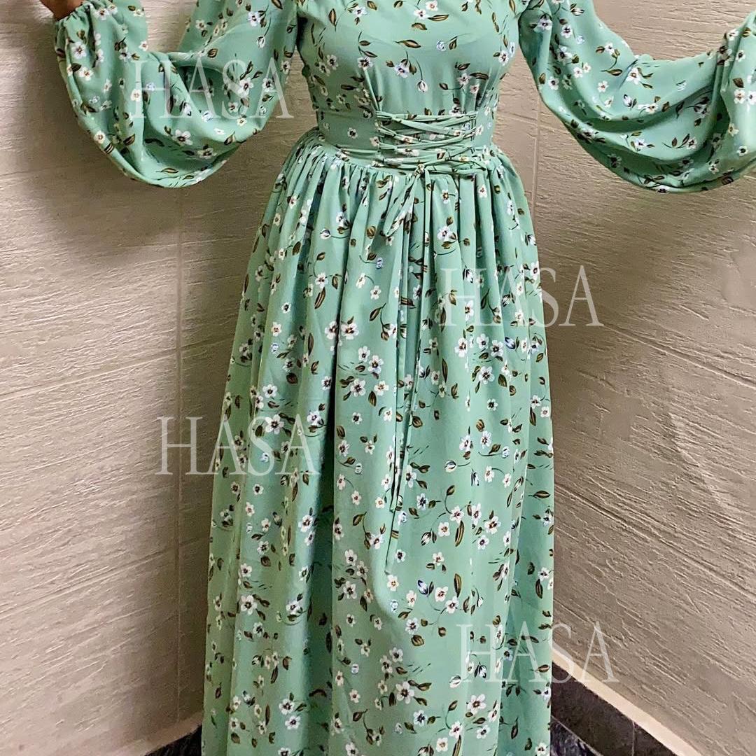 LUMAYA6489 Long-sleeved Floral Maxi Dress with Natural Waist