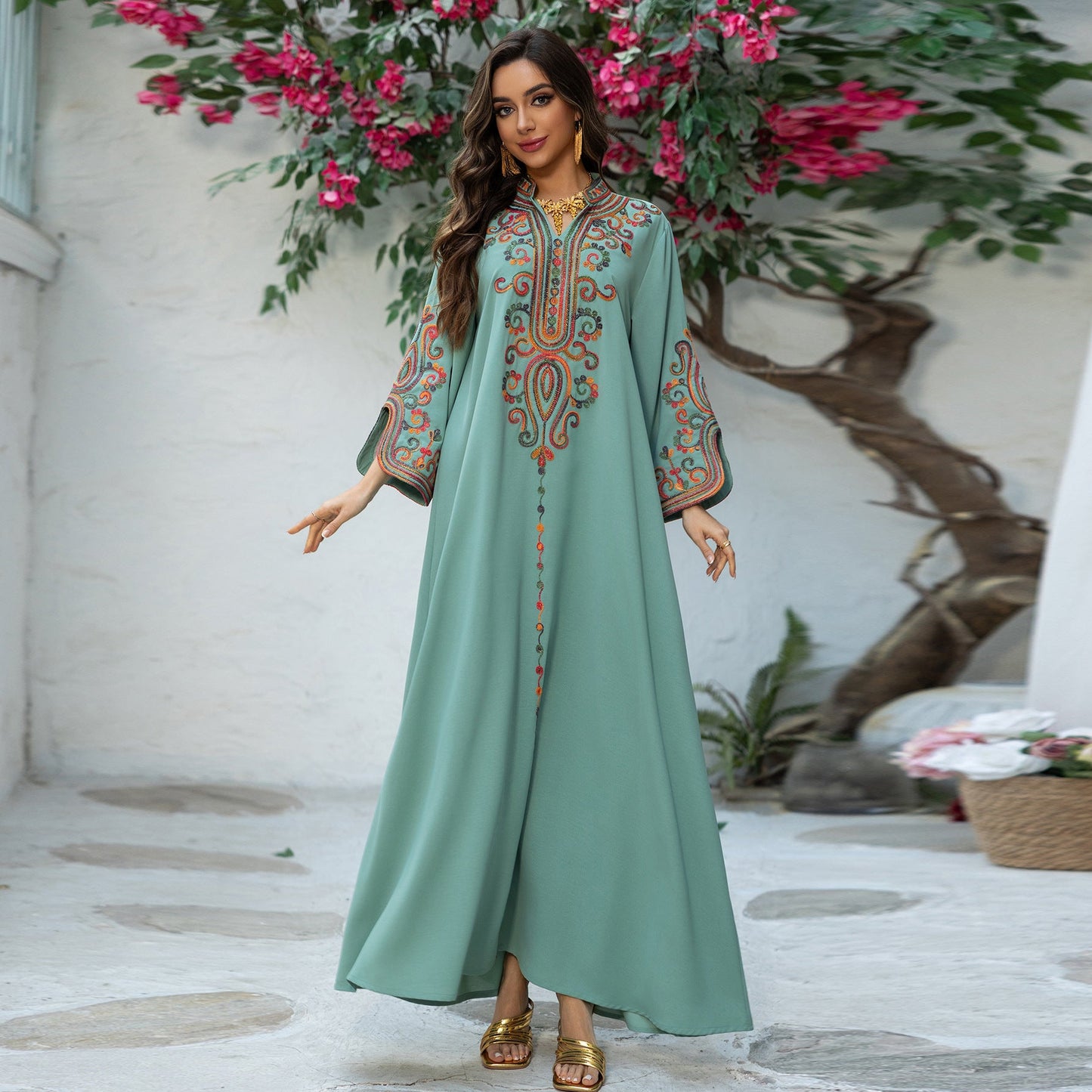 LM6652 Rope embroidery midi dress with elegant stand-up collar design