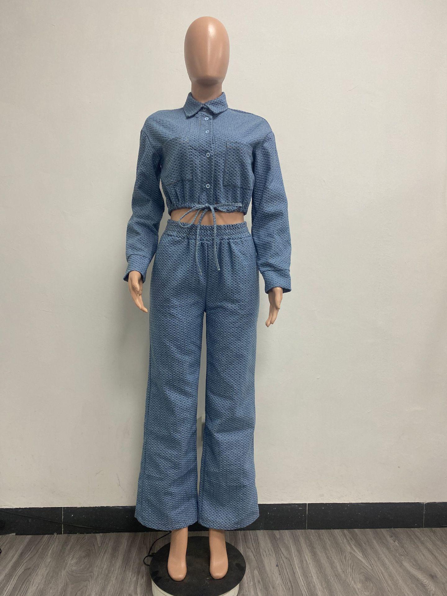 LM6303 Fashion, Long Sleeve Pants, Denim Women's Two-piece Set