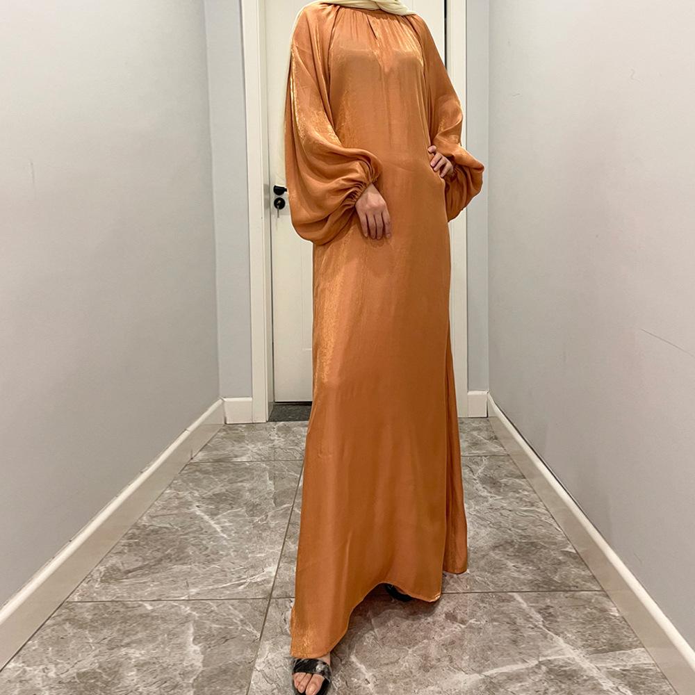 LUMAYA10043 LUMAYA  Large Lantern Sleeves Long Bright Silk Dress Stand Up Collar Back Tie Women's Dress Abaya