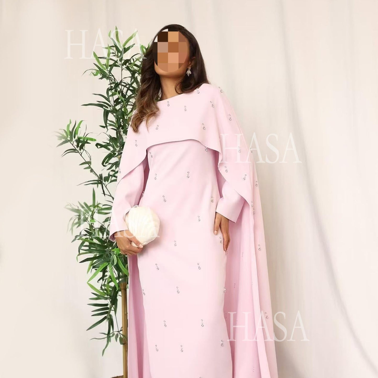 HA6505 Solid color beaded long dress with fake two-piece design