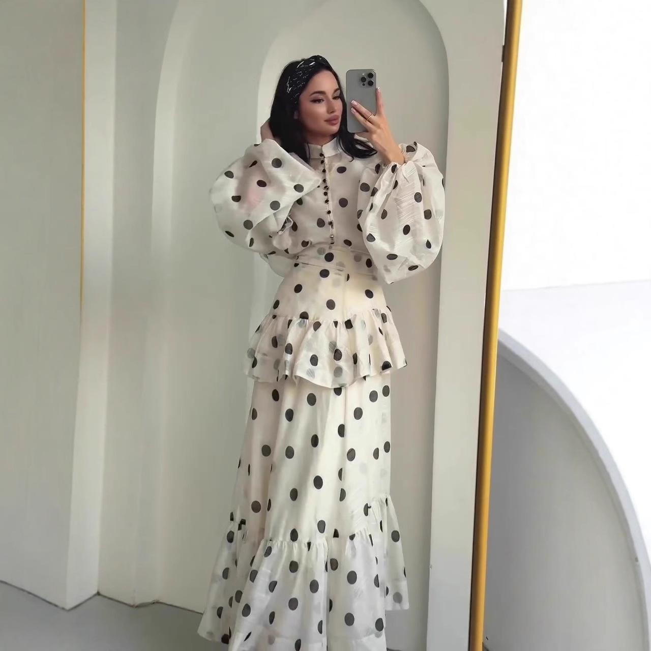 LUMAYA6732 Vintage Polka Dot Co-ord Set Puff Sleeve Blouse & Long Ruffle Skirt Outfit