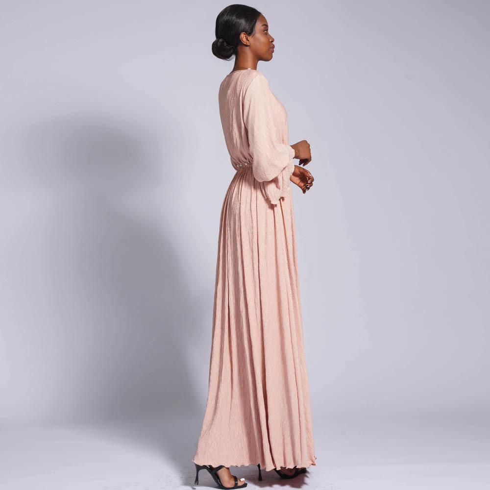 LUMAYA0434 Muslim Ladies Stretch Crumpled Sprinkle Gold Dress Solid Color Bell Sleeve Long Dress