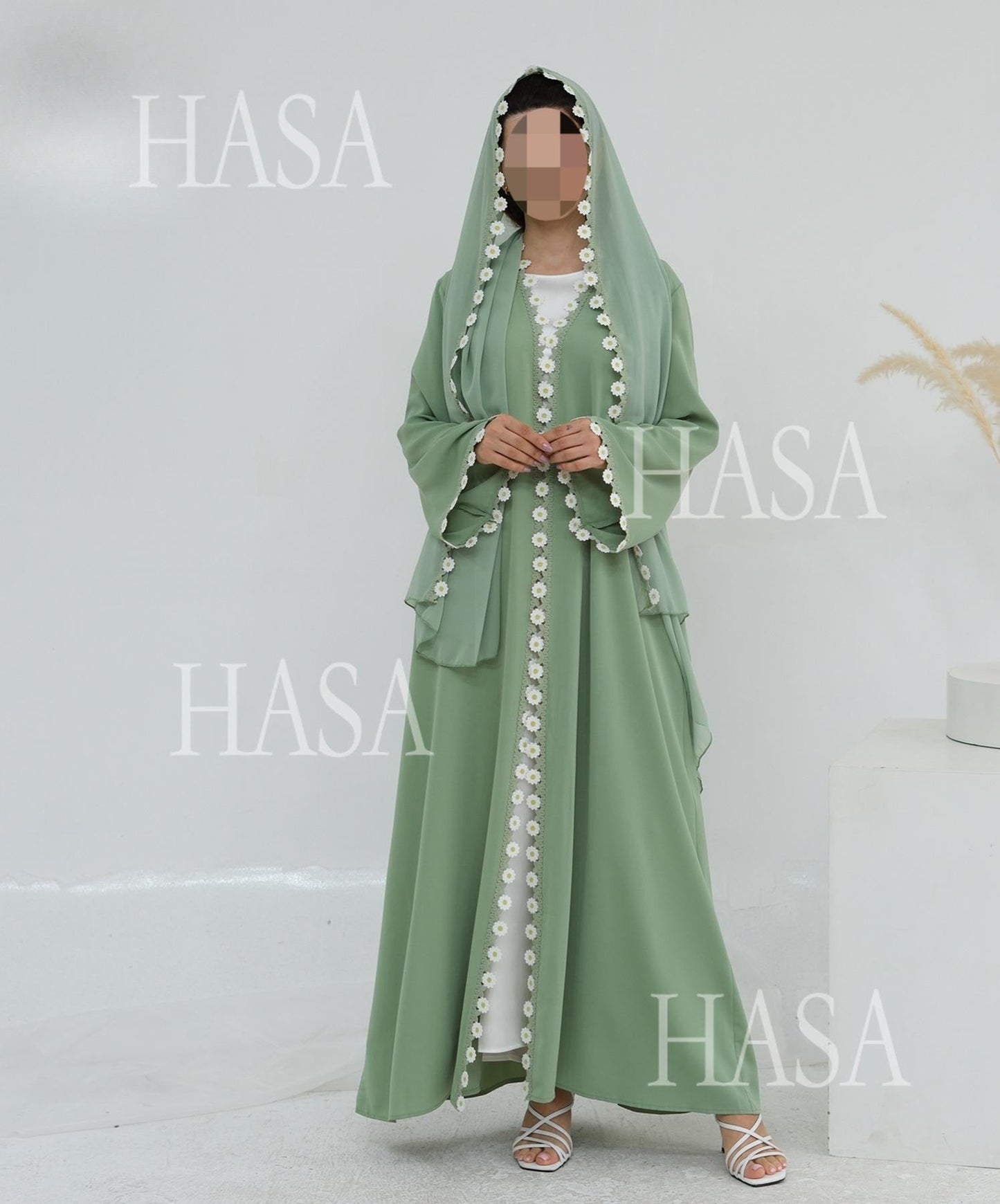 LM6616 Green Flower Stitching Cardigan Two-Piece Set (Including Headscarf)