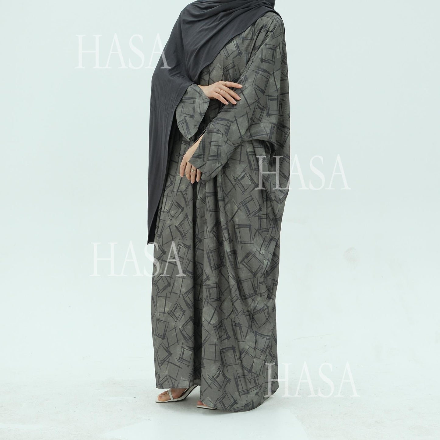 LUMAYA6504 Grey geometric print long cardigan Abaya (headscarf not included)