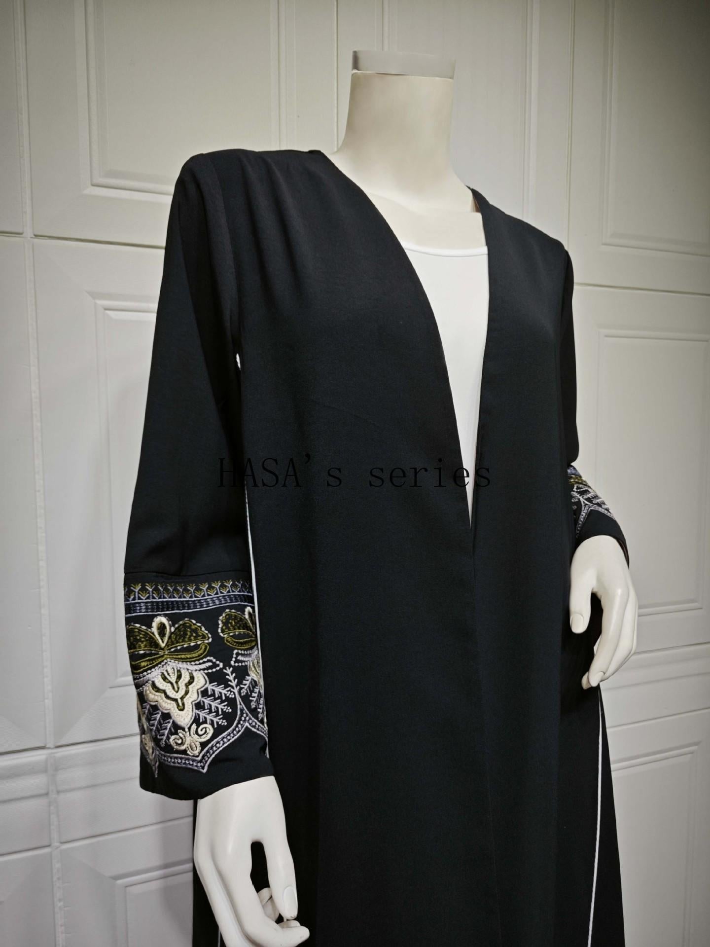 LUMAYA5090 Classic black embroidered patchwork robe, designed as a loose, open-front dress.
