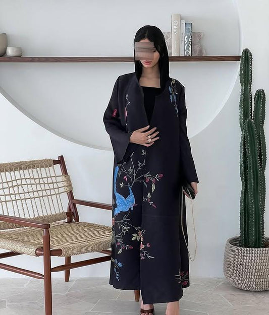 LUMAYA6707 Midnight Serenade ,Black Abaya with Striking Bird Embroidery