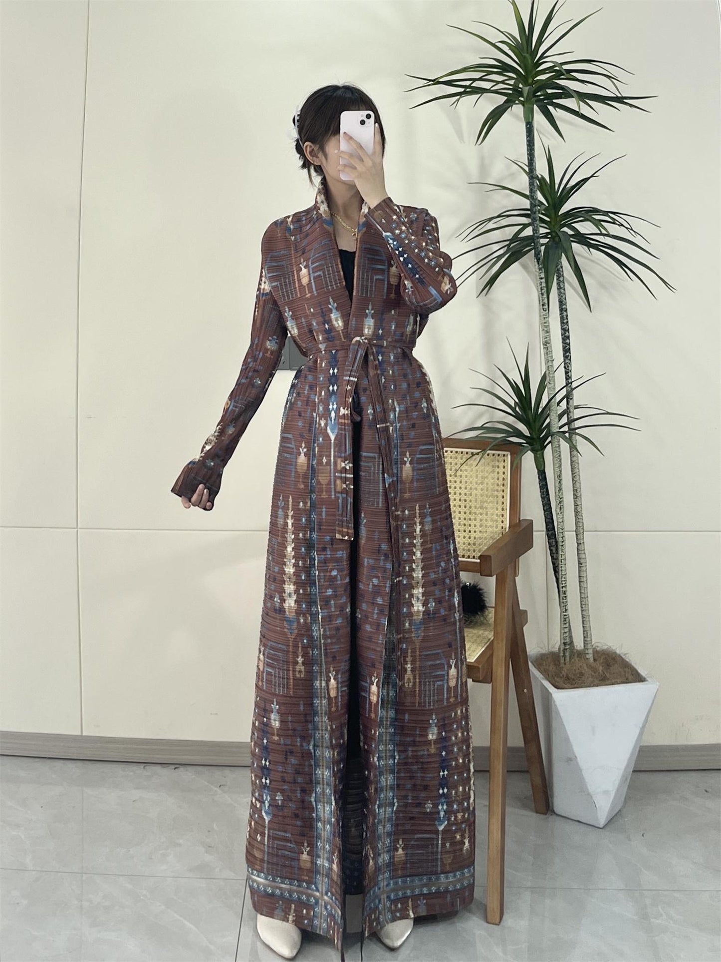 LUMAYA5848 Retro Brown Textured Open-front Long Coat