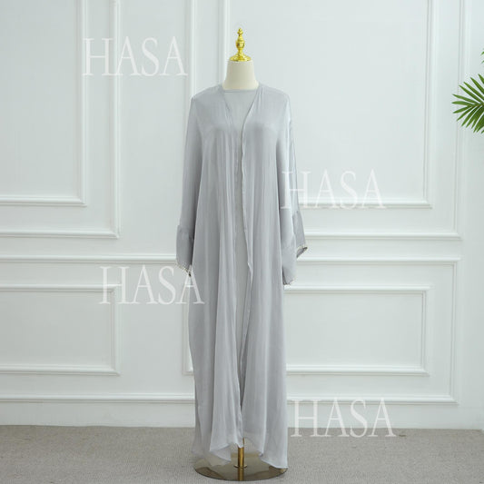 LUMAYA6553  Two-Piece Solid Abaya with Beaded Details and Matching Scarf Option