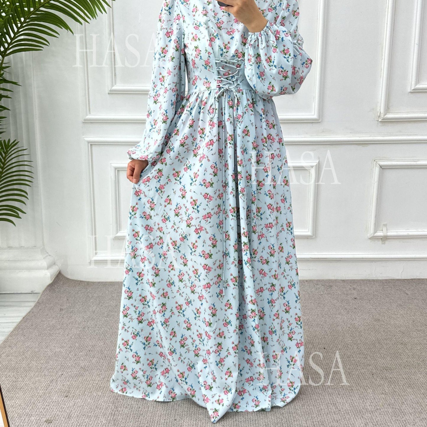 LUMAYA6489 Long-sleeved Floral Maxi Dress with Natural Waist