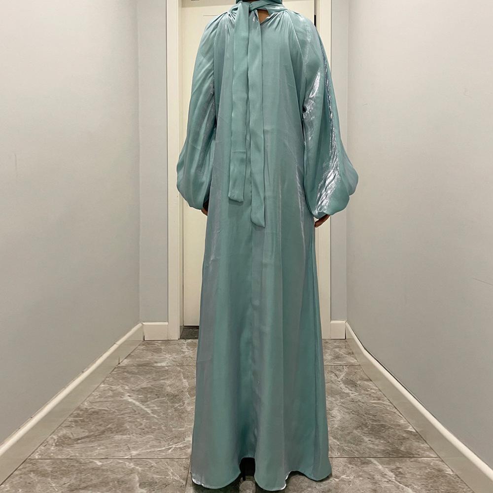 LUMAYA10043 LUMAYA  Large Lantern Sleeves Long Bright Silk Dress Stand Up Collar Back Tie Women's Dress Abaya