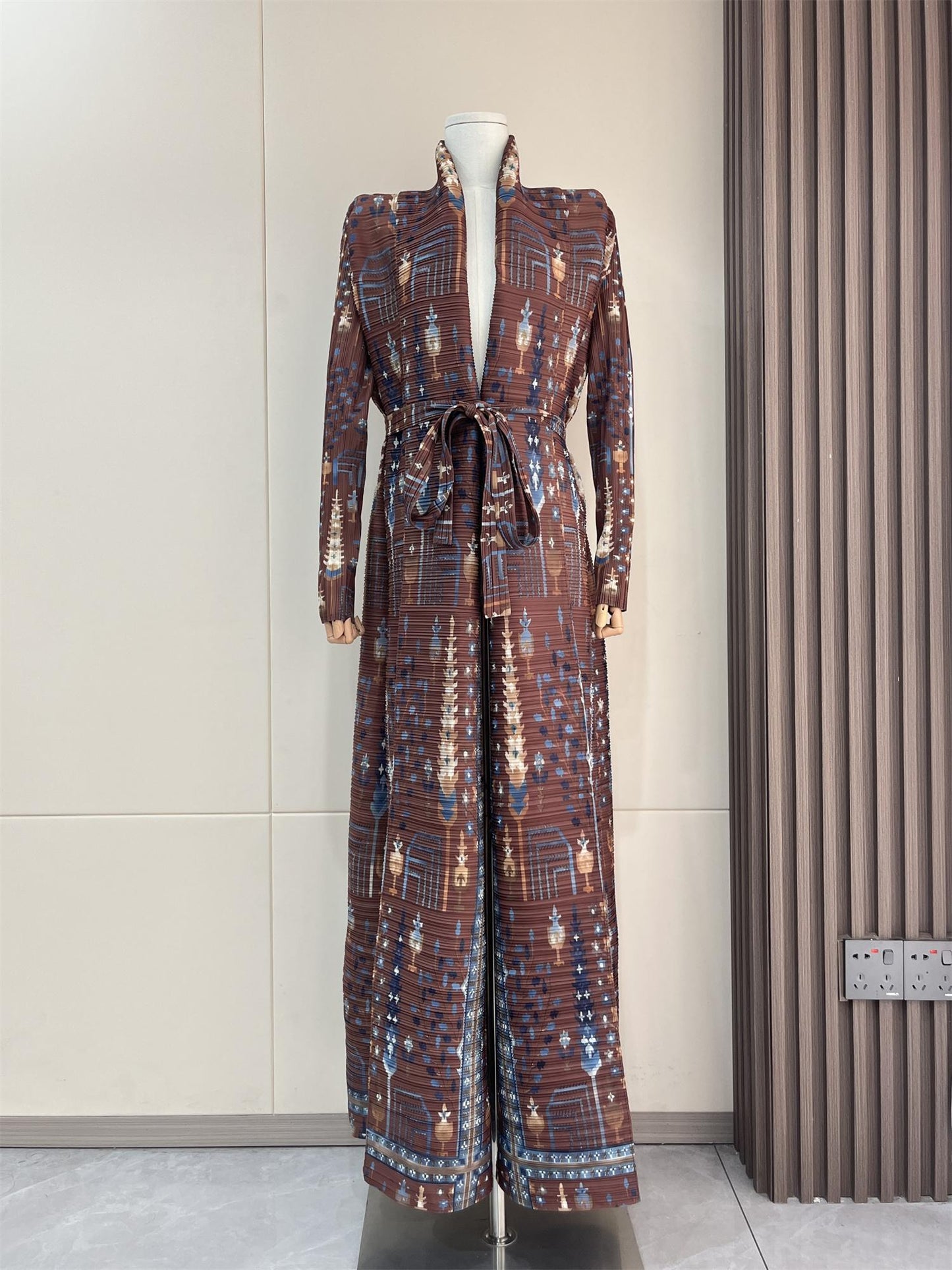 LUMAYA5848 Retro Brown Textured Open-front Long Coat