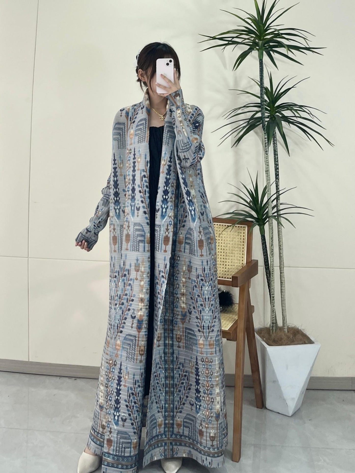 LUMAYA5842 Vintage-style Textured Open-front Long Coat