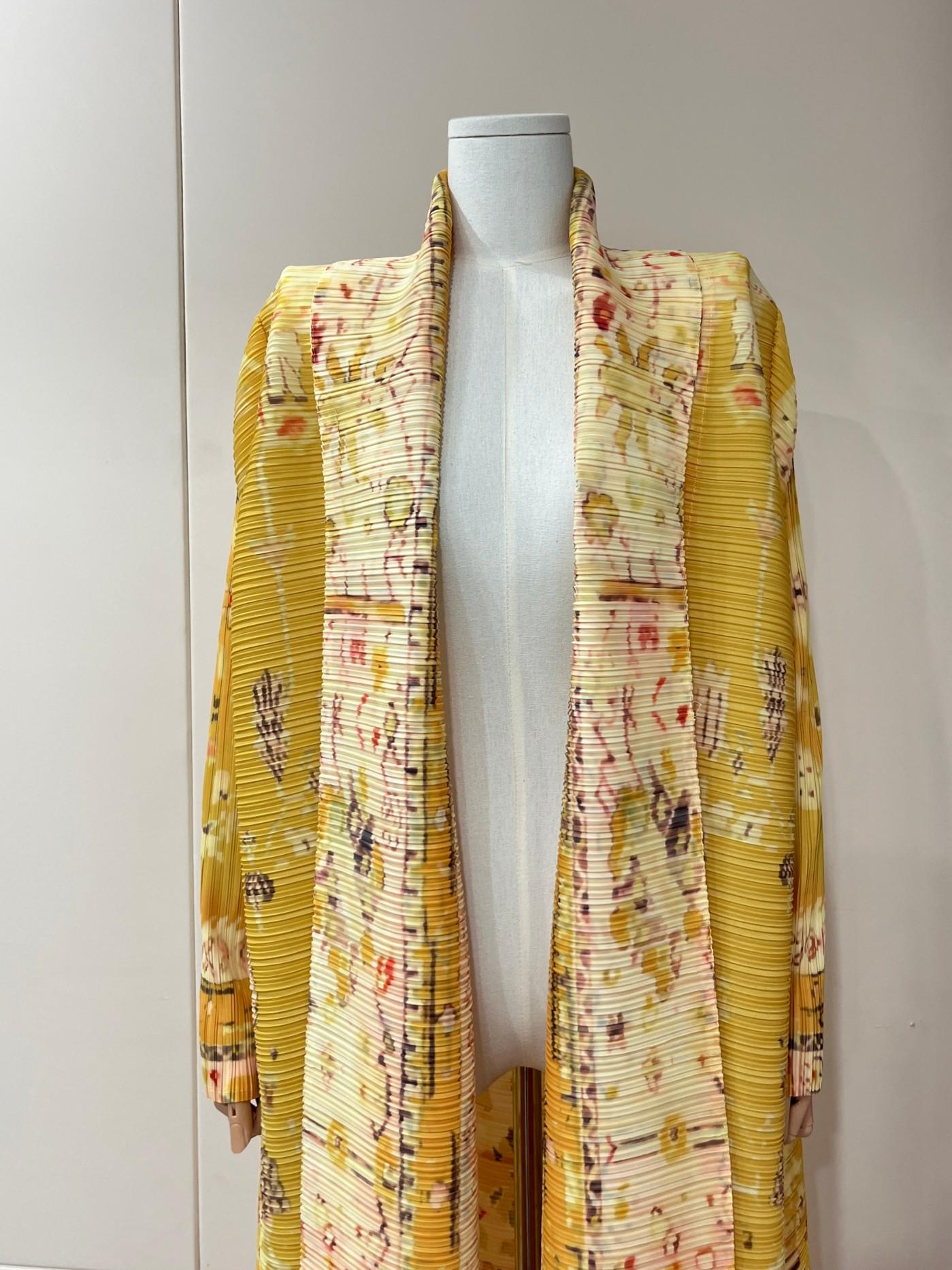 LUMAYA5843 Retro Warm Yellow Floral Textured Open-front Long Coat