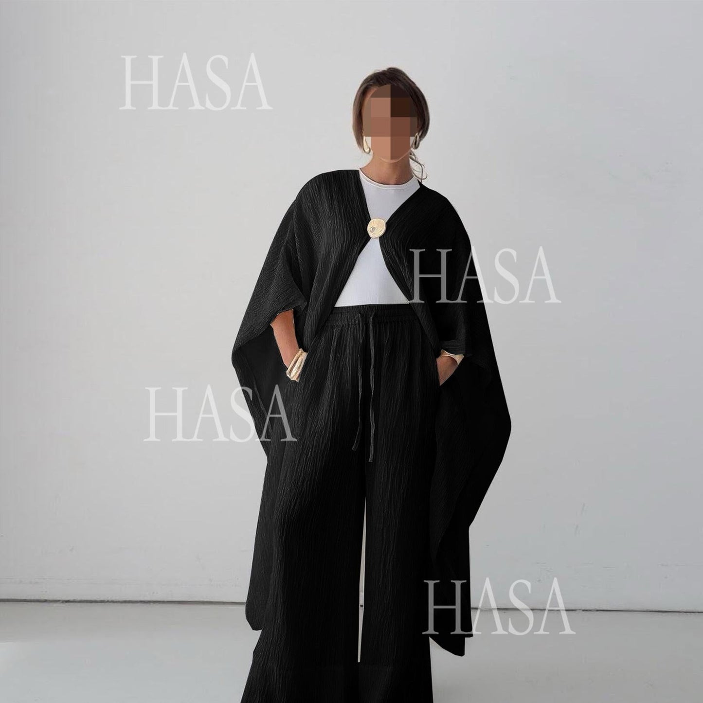 LUMAYA6486 Simple Cardigan with Wide-leg Pants, Solid Color Daily Two-piece Suit